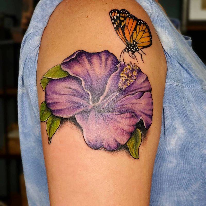 Flowers Tattoo with butterfly sucking honey